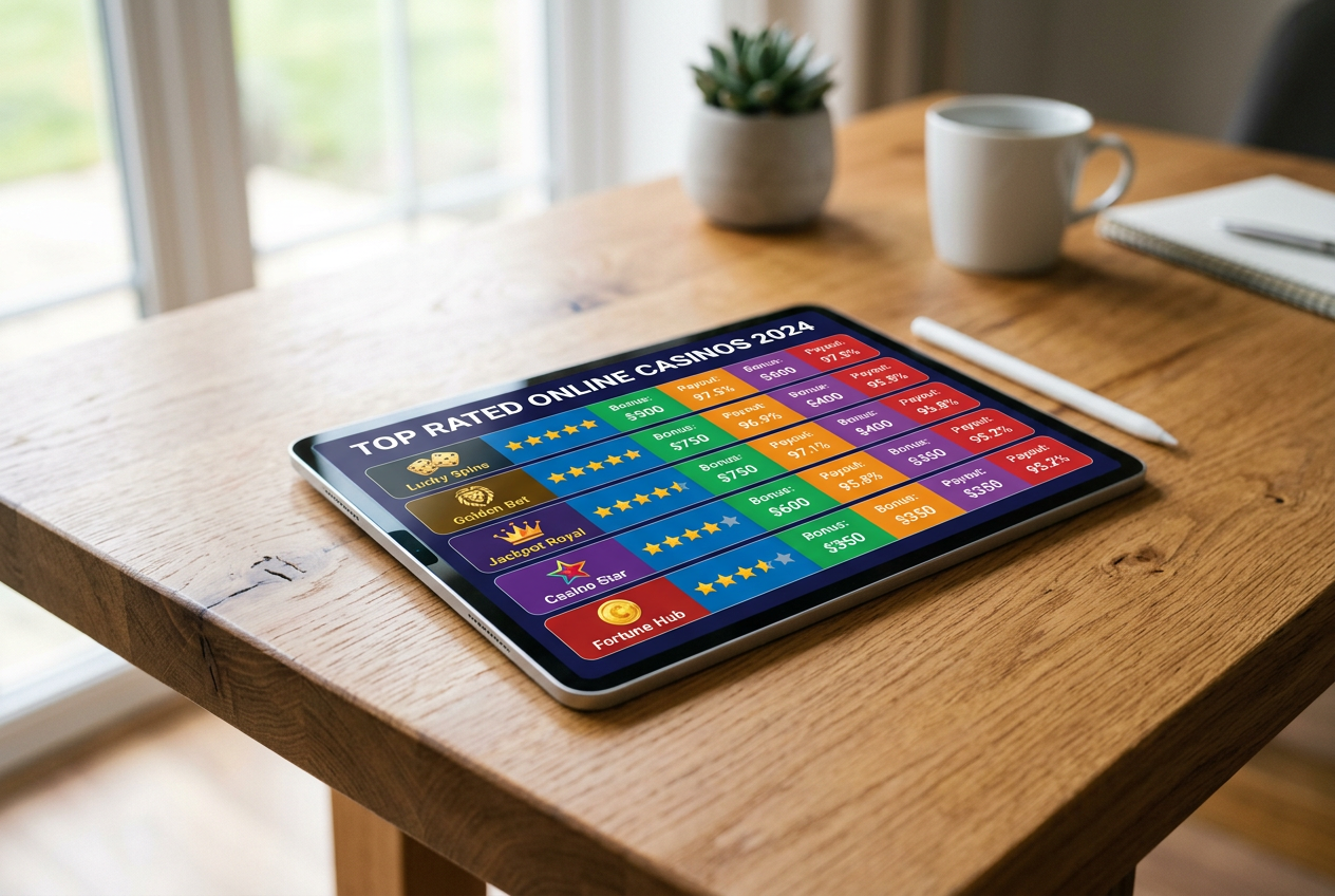 A modern tablet displaying a comparison chart of online casinos on a wooden desk.