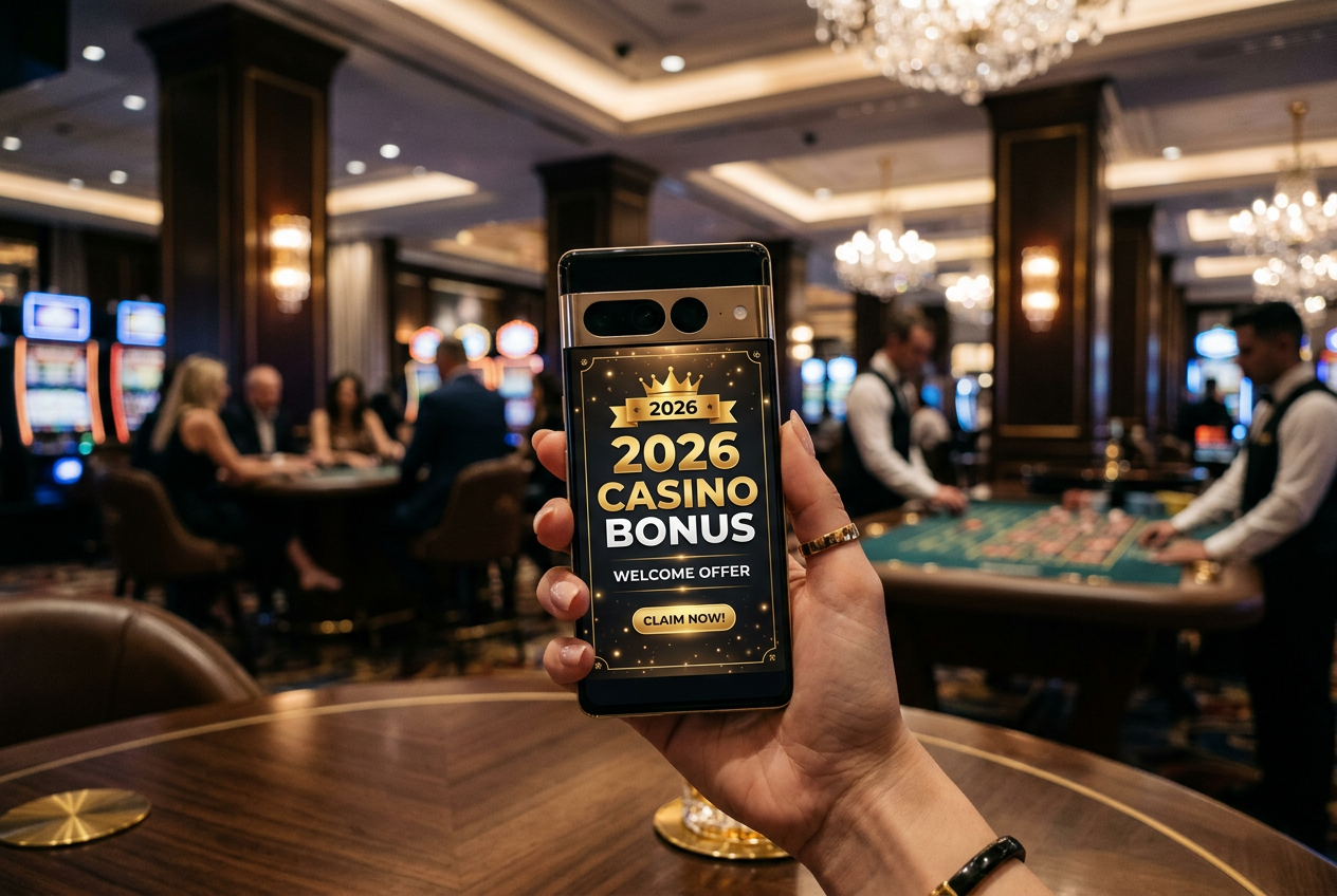 A luxury casino setting with a smartphone showing a bonus offer.