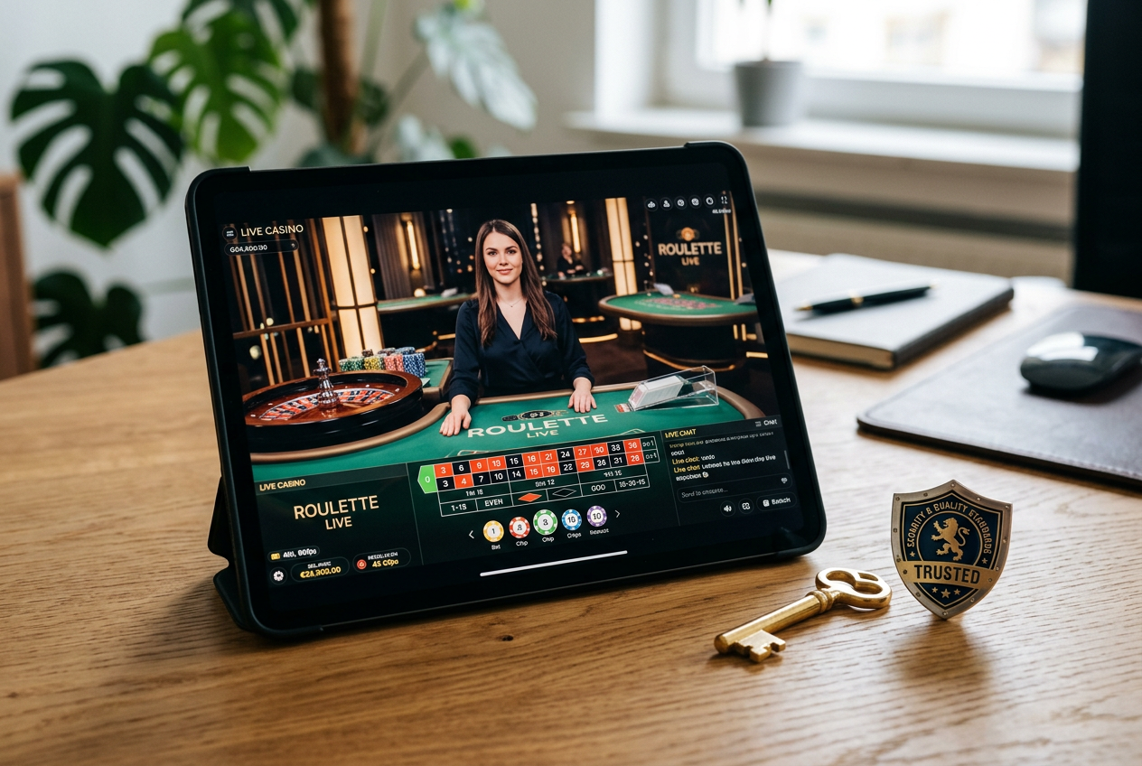 A digital tablet displaying a live casino game next to symbols of security and trust.