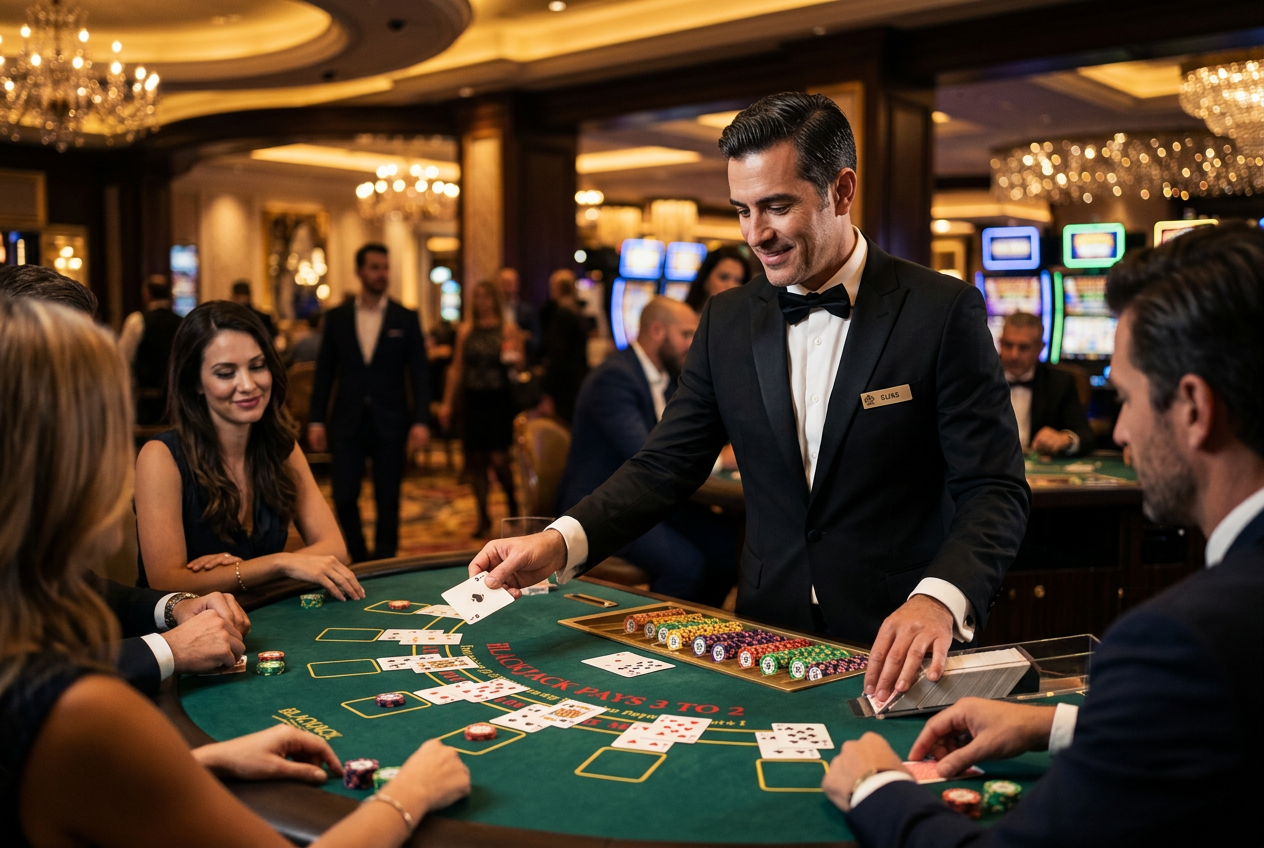 A professional dealer at a live blackjack table in an elegant casino setting.
