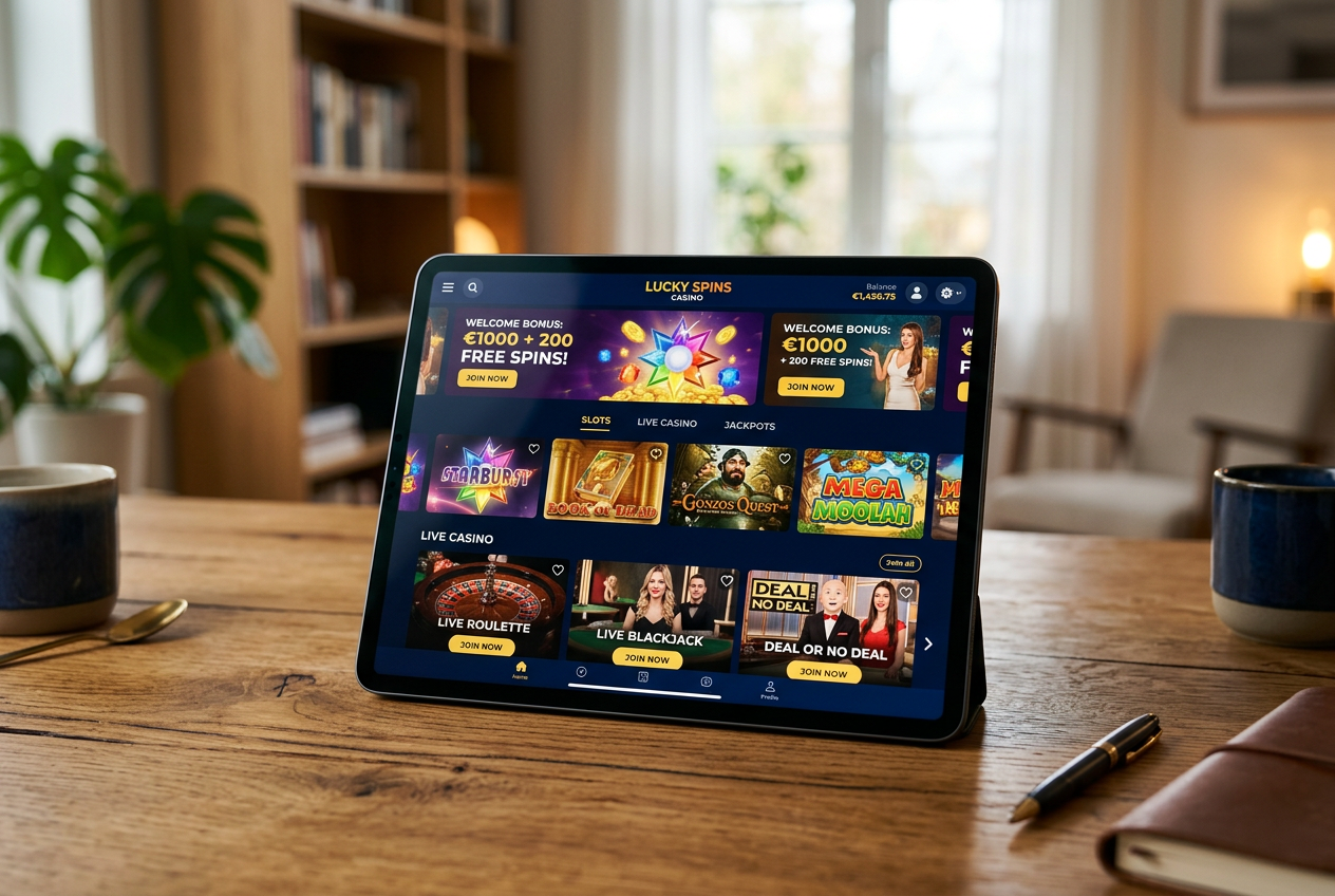 Μια σύγχρονη διεπαφή καζίνο σε tablet που δείχνει επιλογές παιχνιδιών.