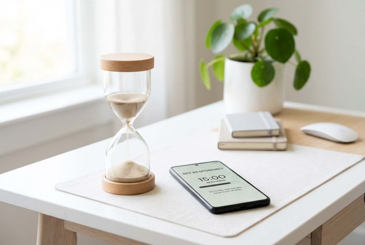 An hourglass and a smartphone on a clean desk representing responsible play.