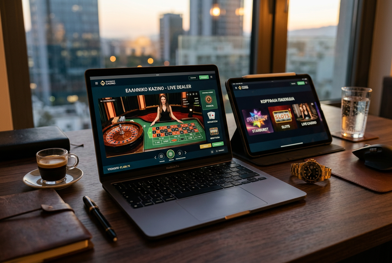 Premium online casino platform interface with Greek language support.